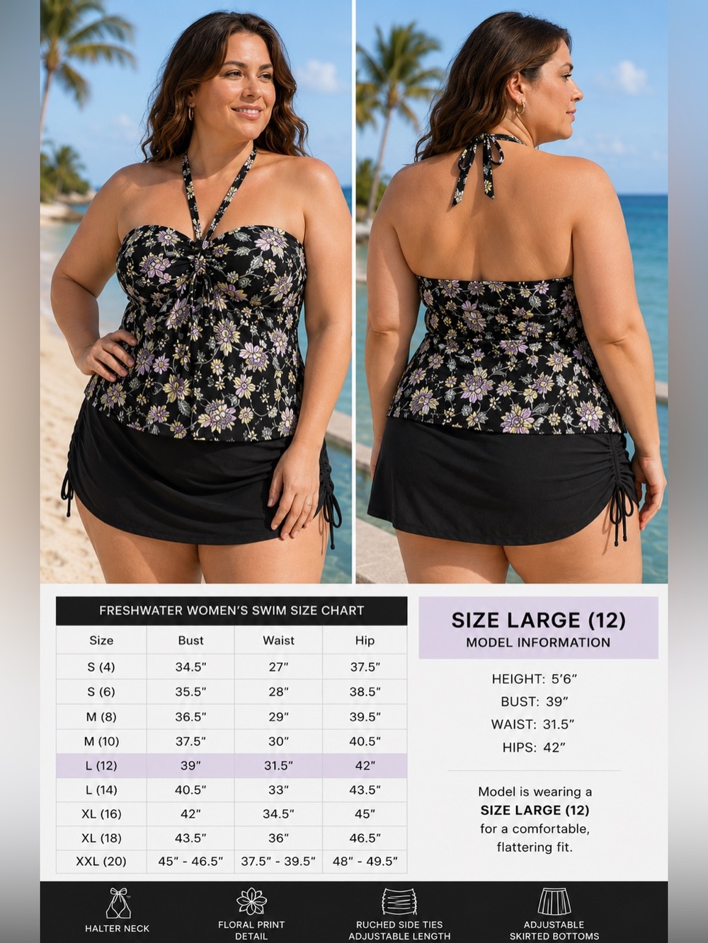 Freshwater Floral Tankini Skirtini Swim Set NWT Large 12 Halter Convertible Slim